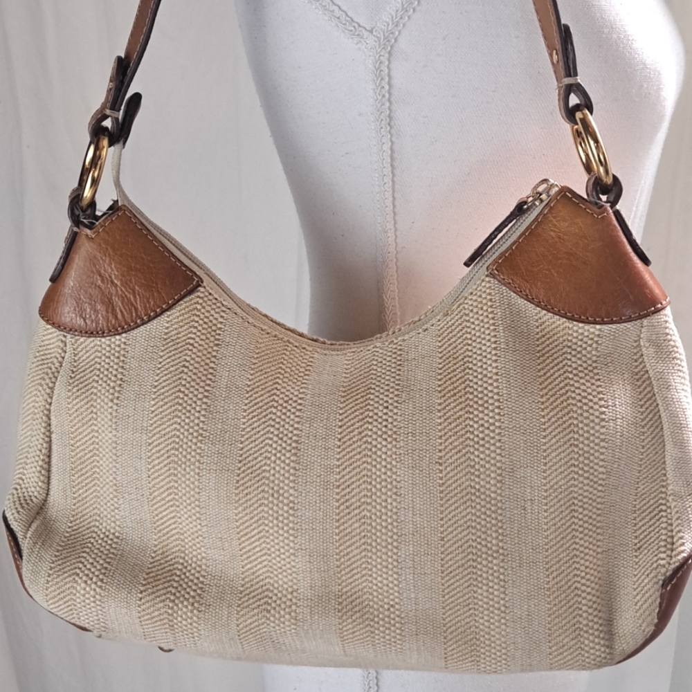 Etienne Aigner Leather And Woven Fabric Shoulder Bag Gold Metal Ring Accents - Picture 5 of 16